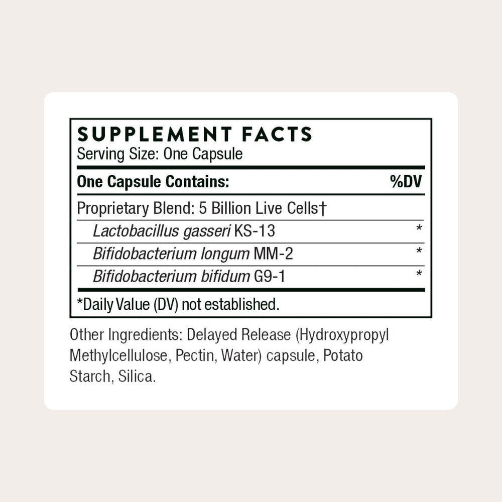 Thorne FloraMend Prime capsule closeup shows 5 billion CFUs per serving