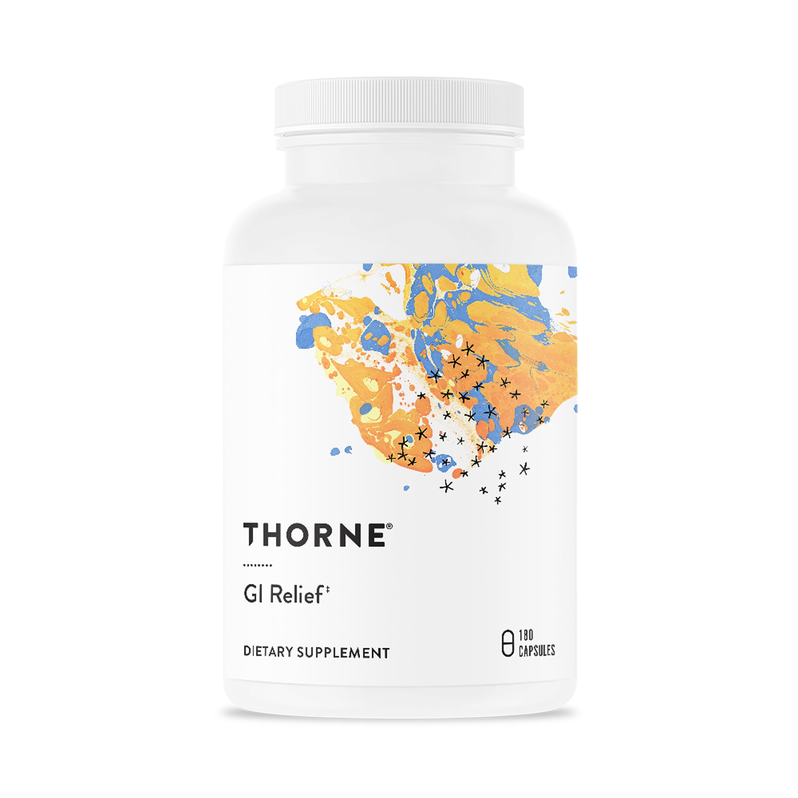 Thorne GI Relief bottle label showcases trusted digestion support for gut comfort.
