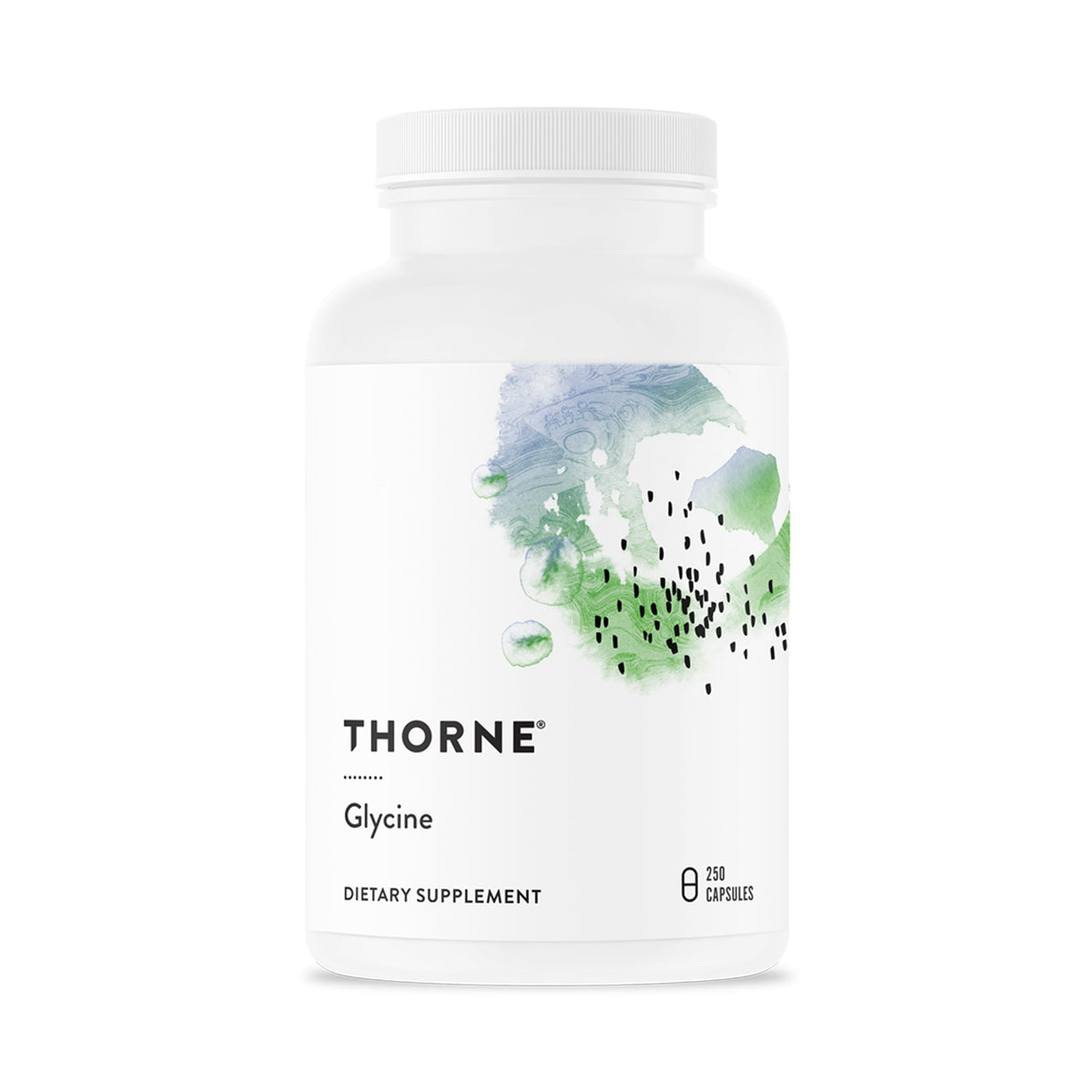 THORNE Glycine bottle front showing a clean, trusted relaxation and detox support supplement