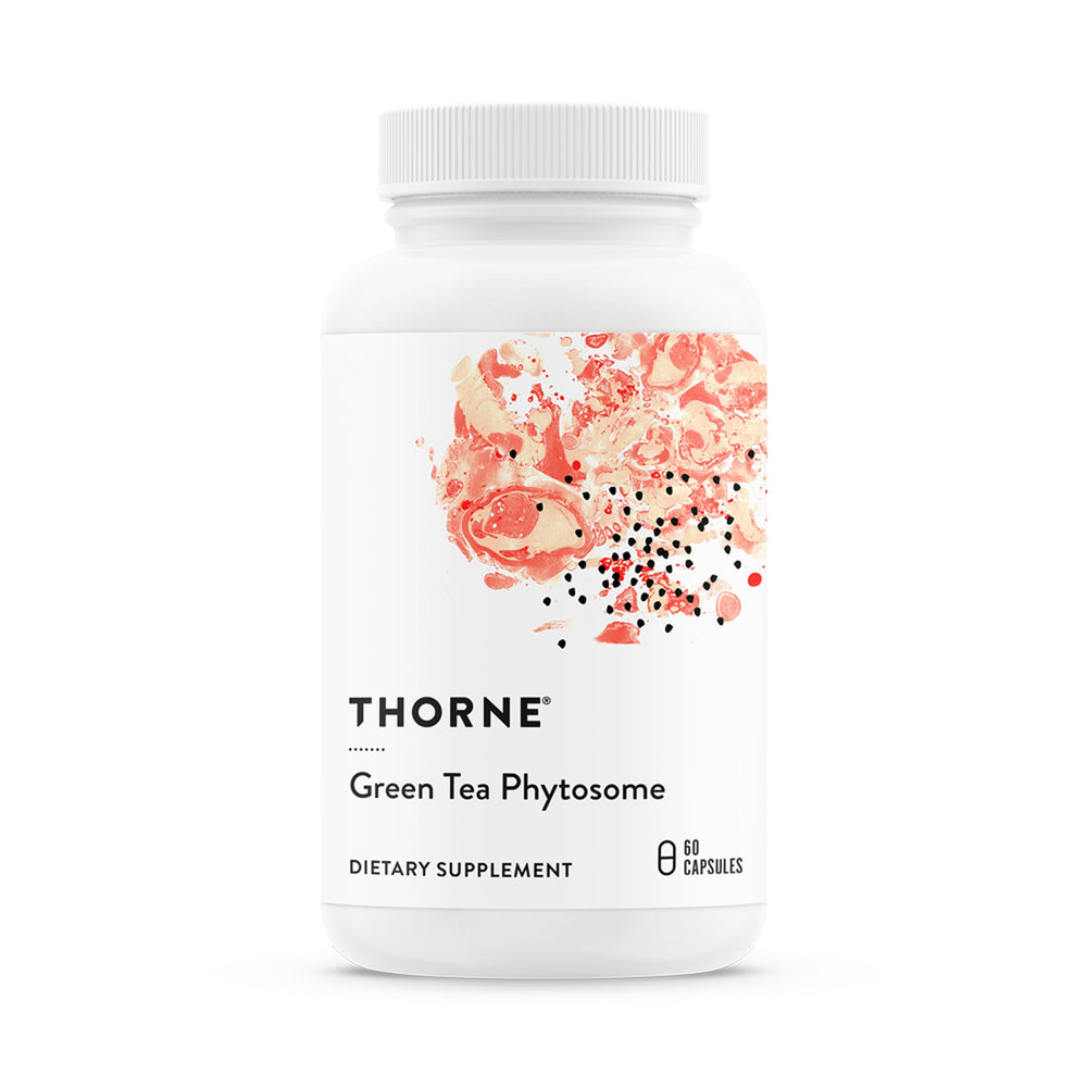 THORNE Green Tea Phytosome bottle shows caffeine-free antioxidant support for daily wellness.
