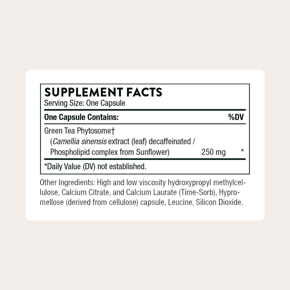 THORNE Green Tea Phytosome label with transparent ingredient details and testing.