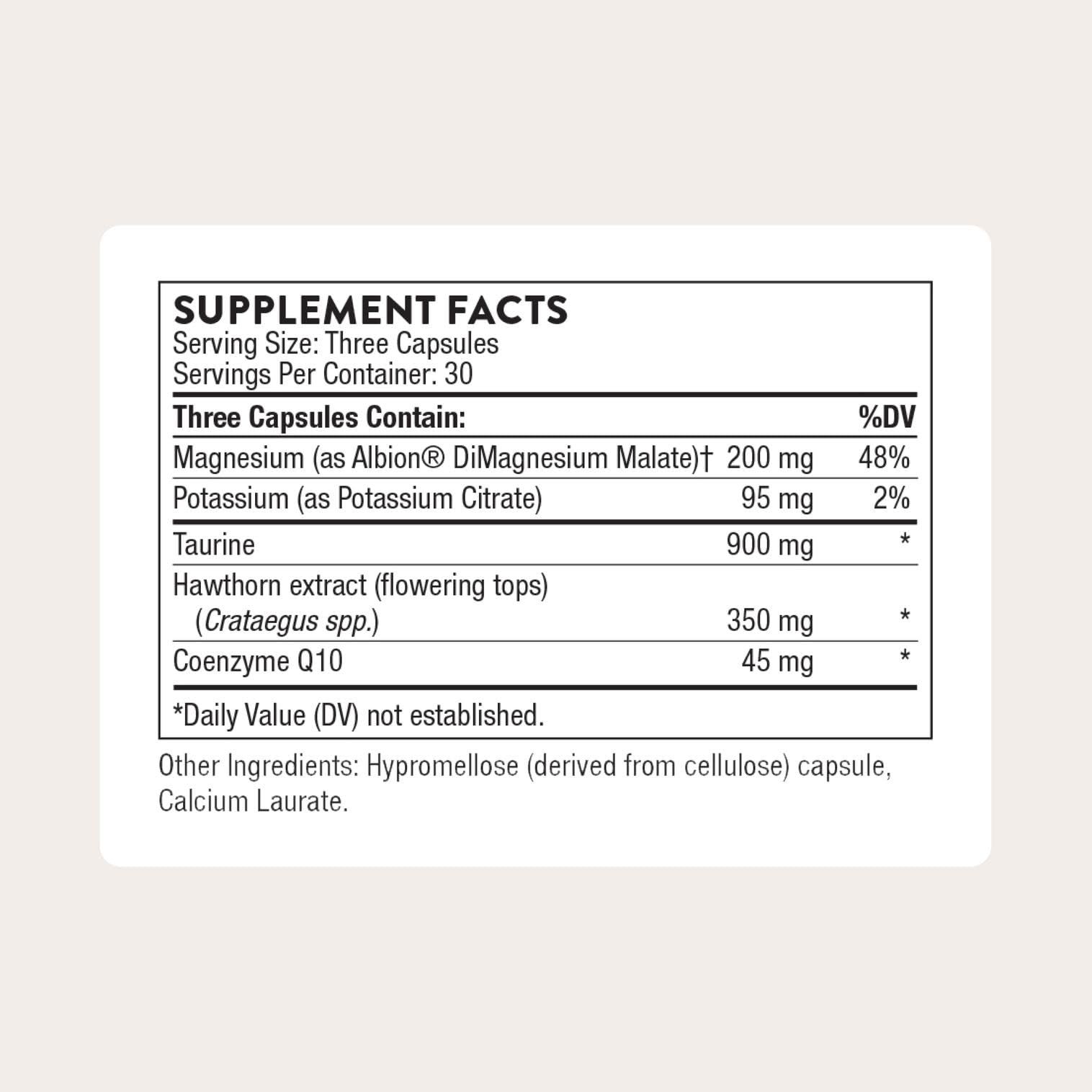 Thorne Heart Health Complex label close-up highlighting heart health ingredients