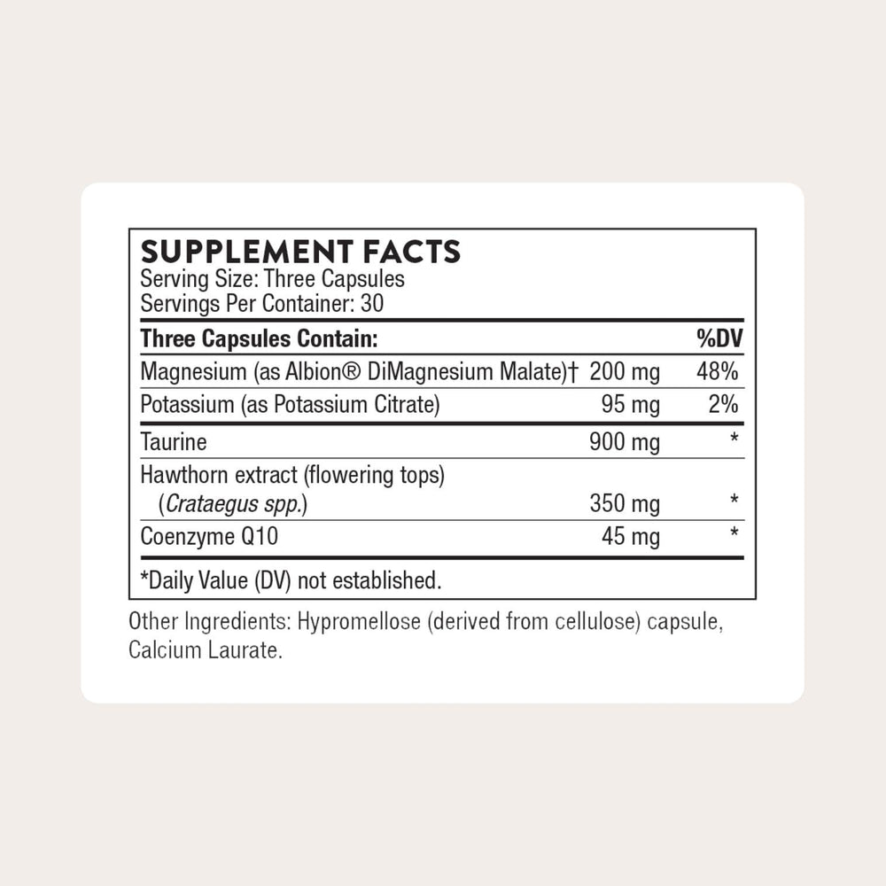Thorne Heart Health Complex label close-up highlighting heart health ingredients