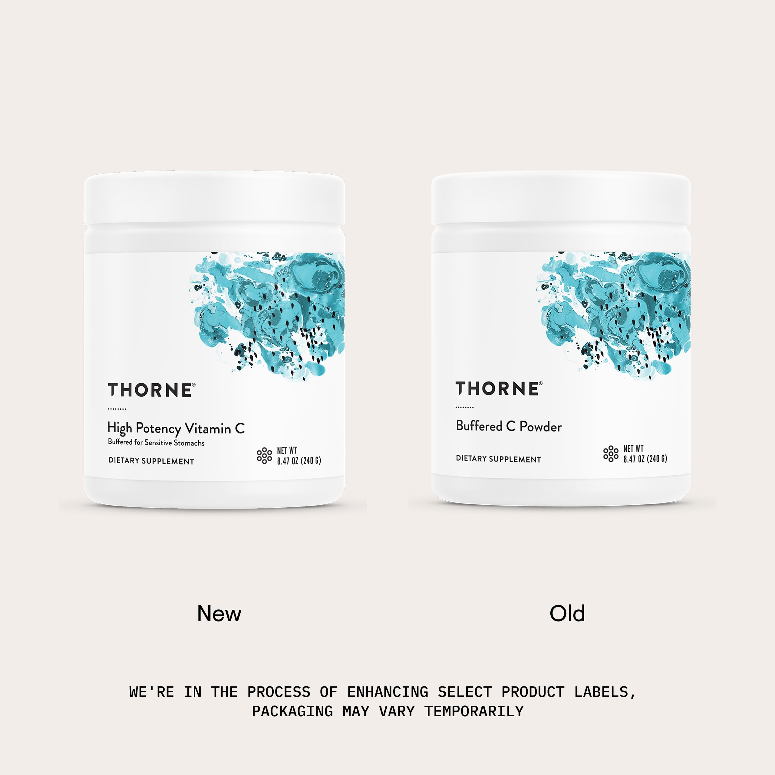 THORNE vitamin C label closeup shows third‑party certification and safety