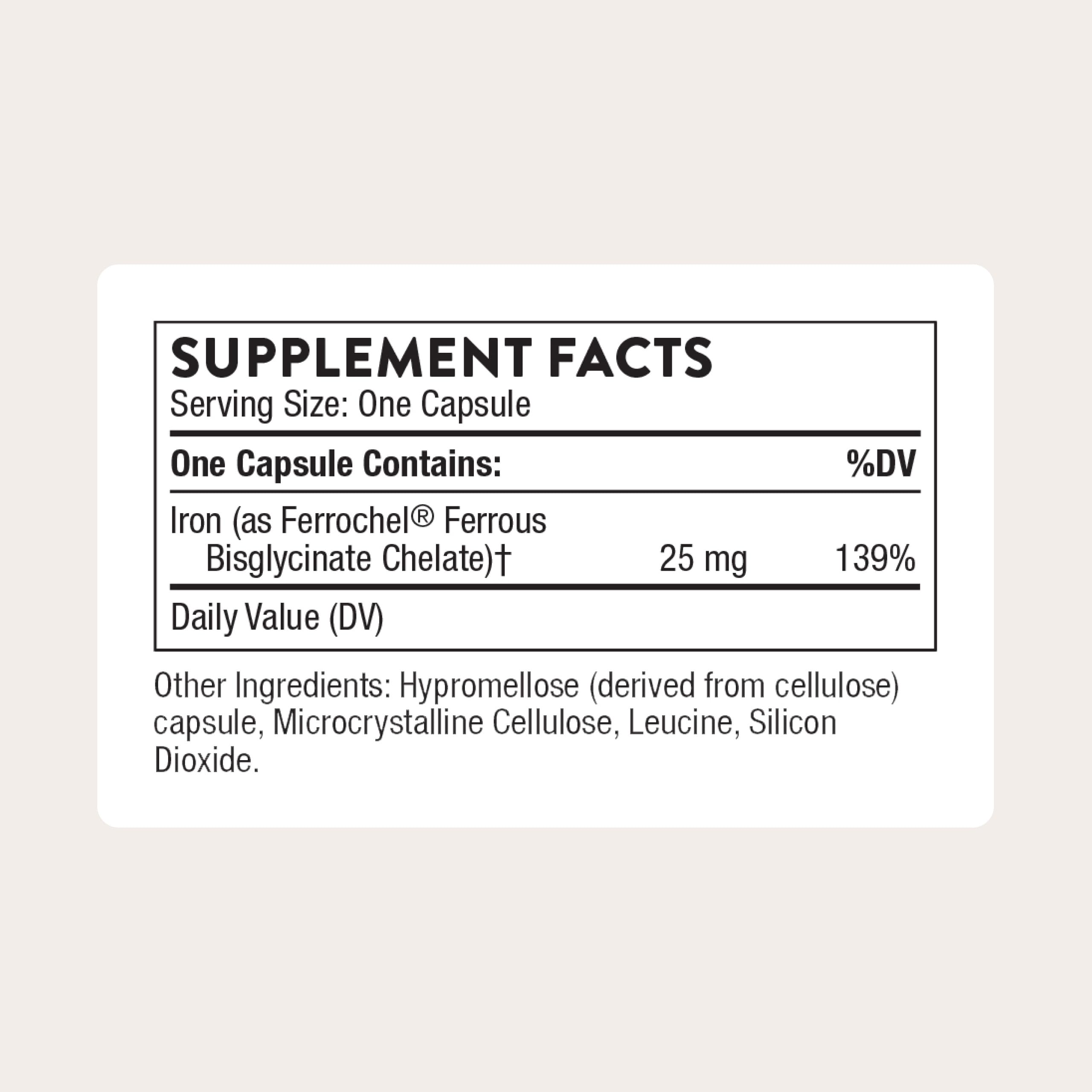 Thorne Iron Bisglycinate 25mg capsules, convenient intake for daily iron support