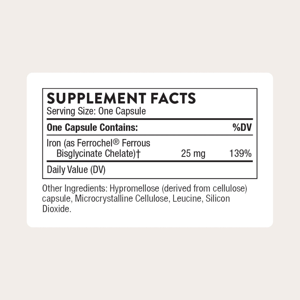 Thorne Iron Bisglycinate 25mg capsules, convenient intake for daily iron support