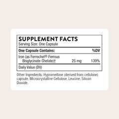 Thorne Iron Bisglycinate 25mg capsules, convenient intake for daily iron support