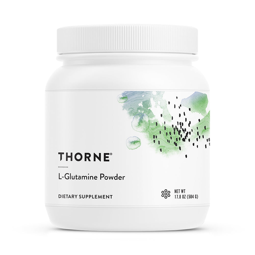 THORNE L-Glutamine powder packaging shows the 17.8 oz bottle and clean branding for GI support.