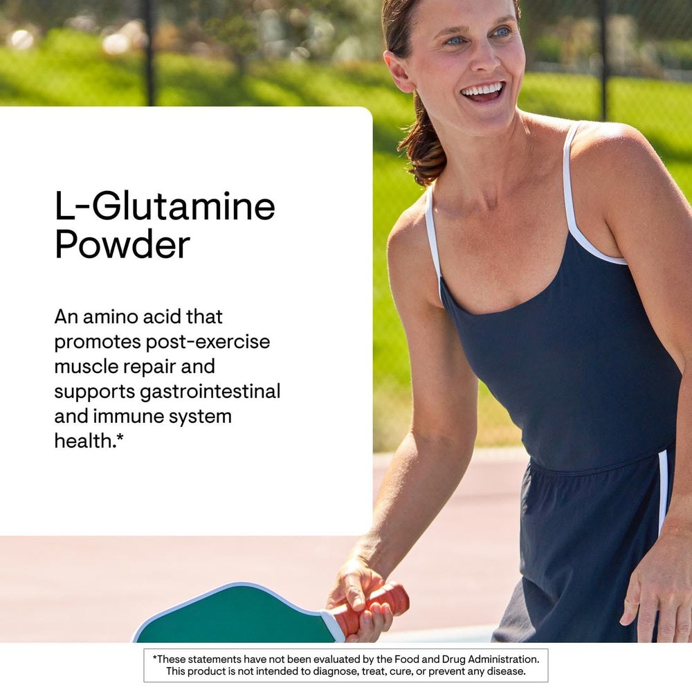 THORNE L-Glutamine powder dissolving in water demonstrates quick mixing for GI-friendly hydration.