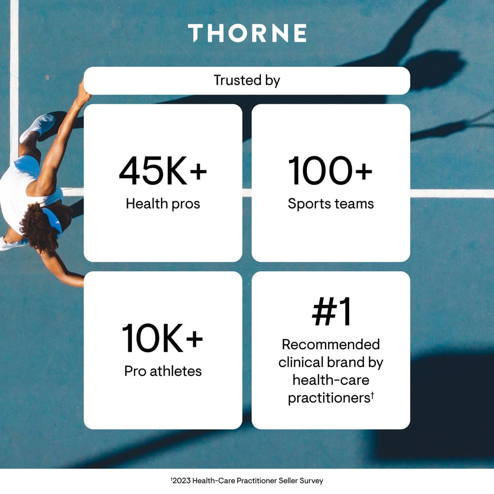 THORNE L-Glutamine powder with a glass of water illustrates a daily use for hydration support.