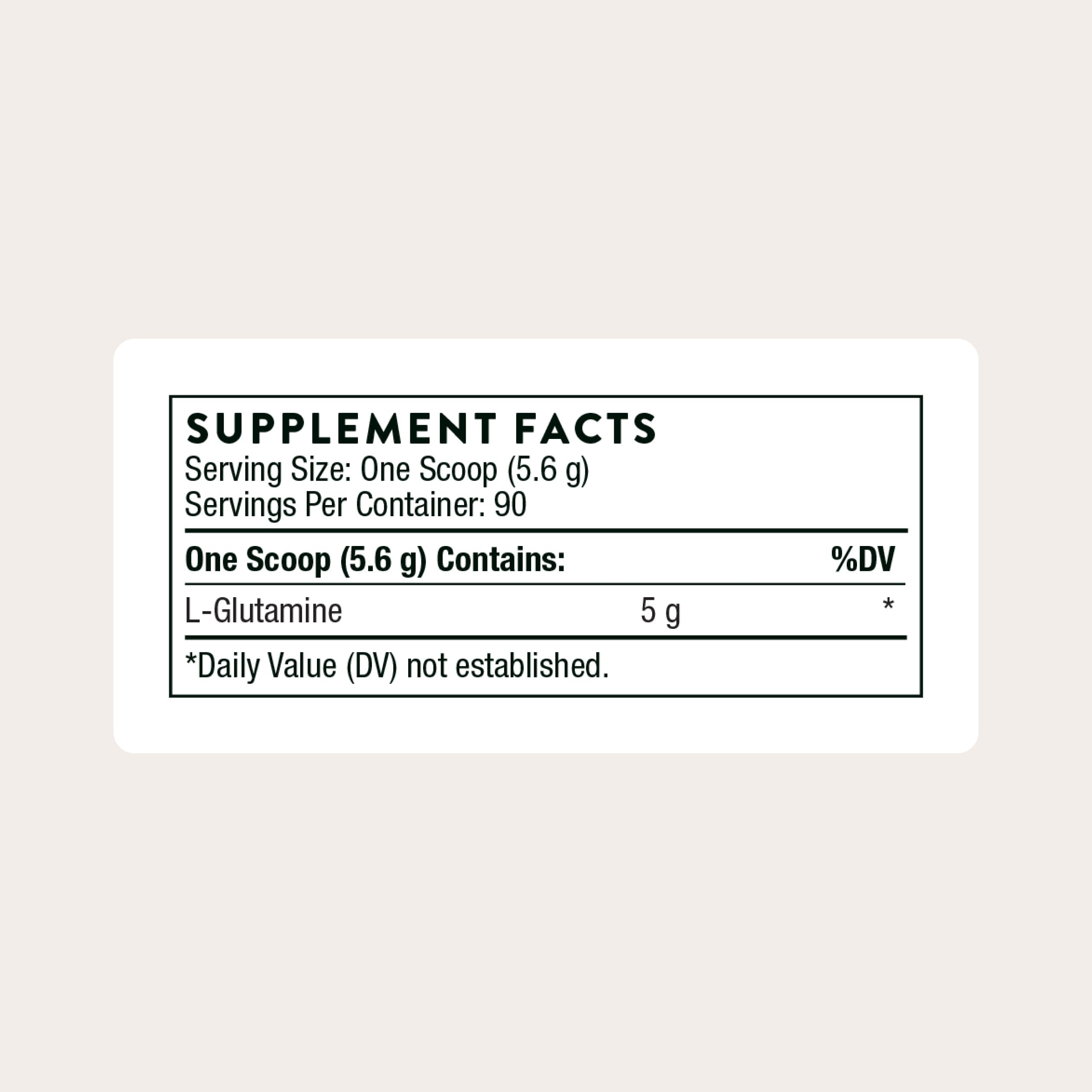 THORNE L-Glutamine powder scoop closeup highlights easy dosing for recovery.