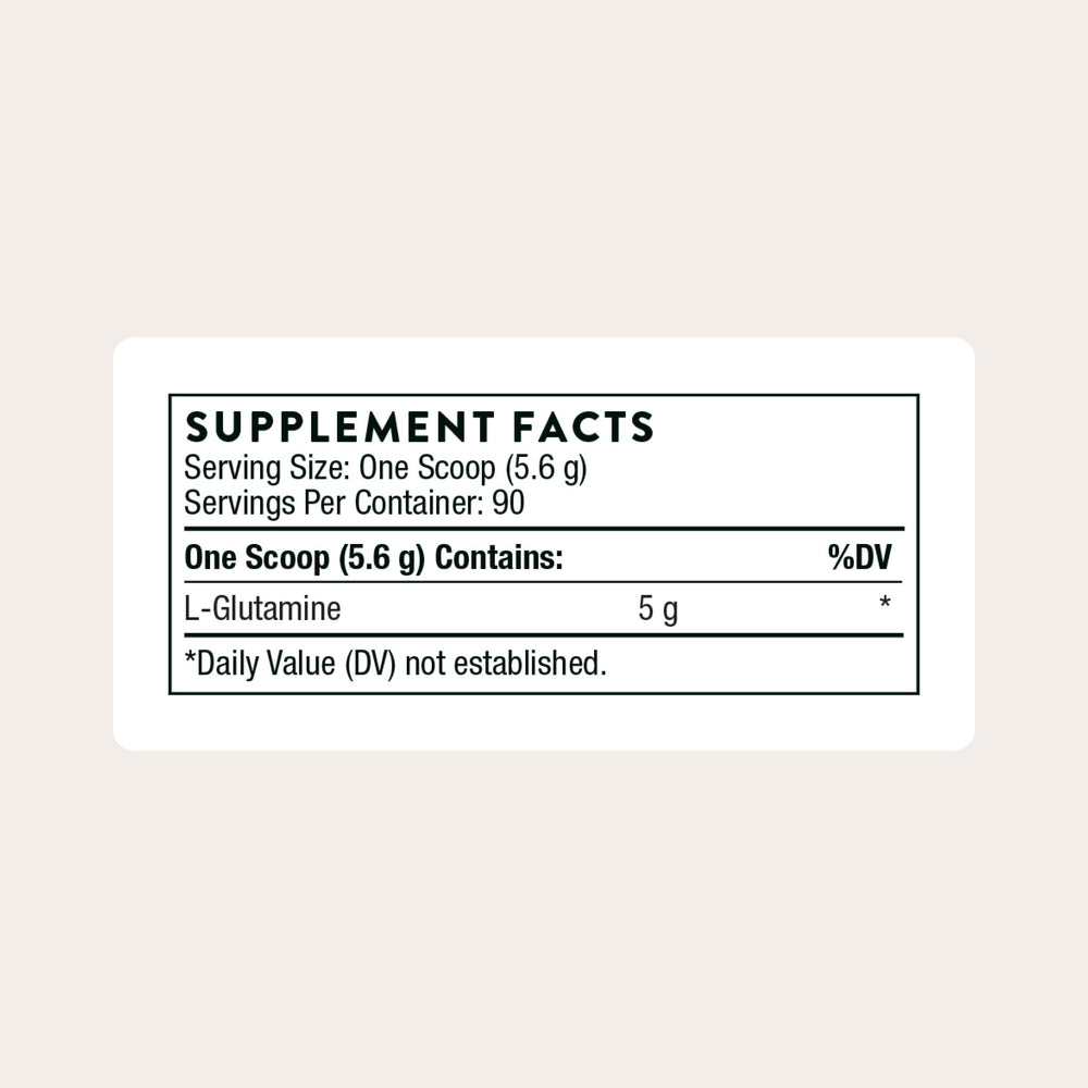 THORNE L-Glutamine powder scoop closeup highlights easy dosing for recovery.