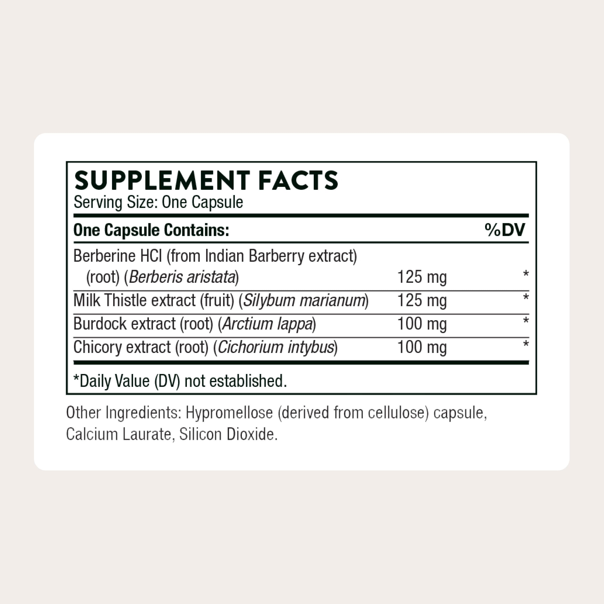 THORNE Liver Cleanse bottle back-label with ingredients and certifications.