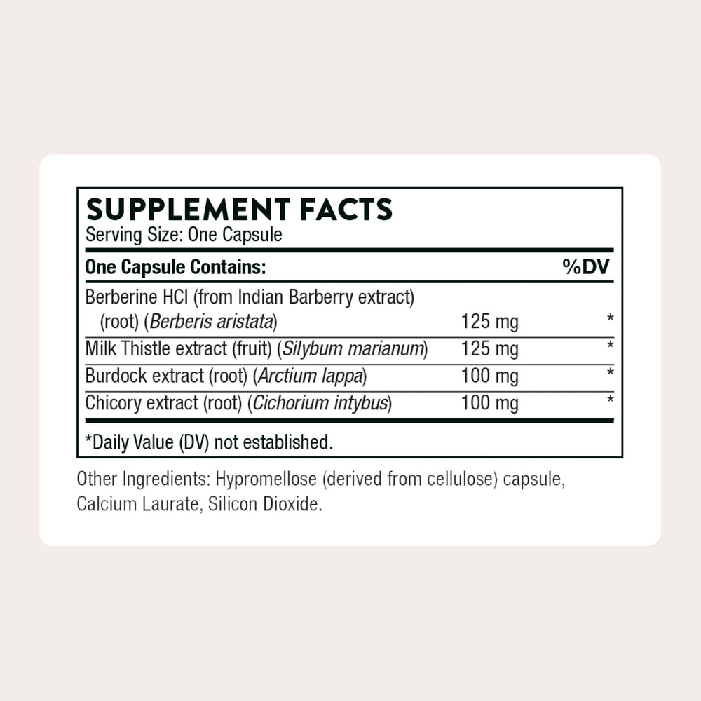 THORNE Liver Cleanse bottle back-label with ingredients and certifications.