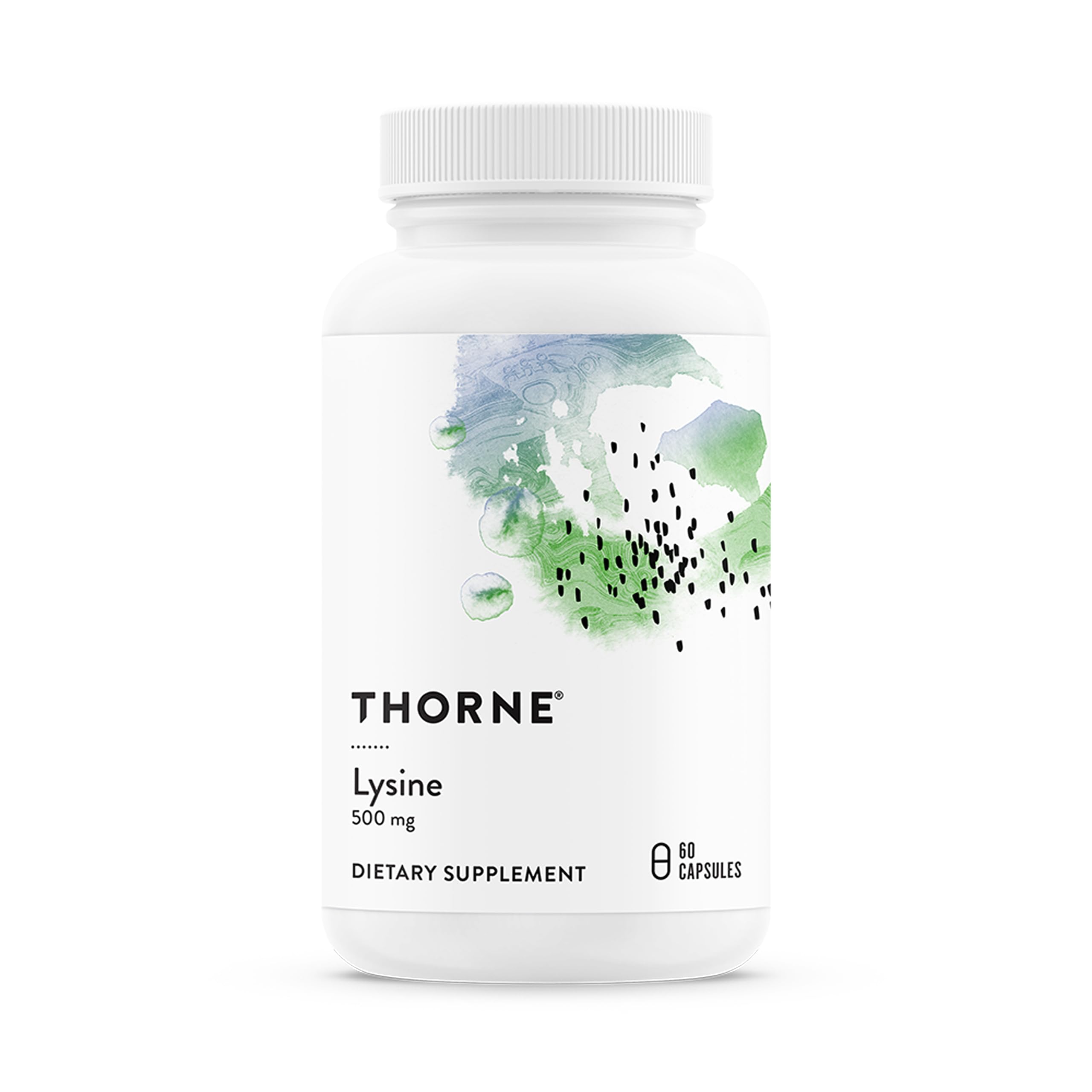 Thorne Lysine bottle on white background highlighting daily immune and skin support