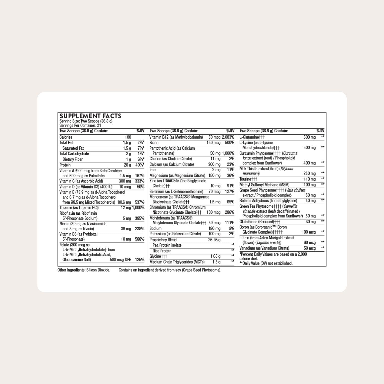 THORNE MediClear Plus label-detail showing ingredients and third-party certification.