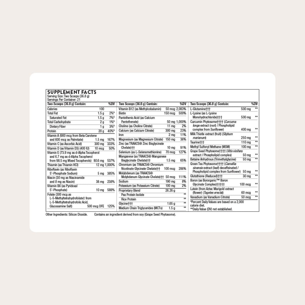 THORNE MediClear Plus label-detail showing ingredients and third-party certification.