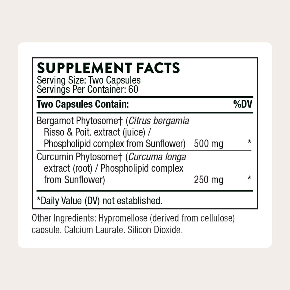 THORNE Metabolic Health bottle label confirms bergamot content for metabolic support.