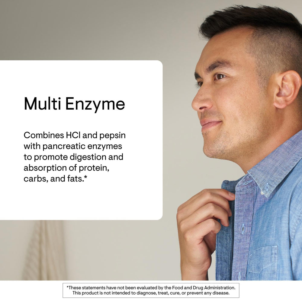 Thorne Multi Enzyme capsules closeup highlights dairy-free formula