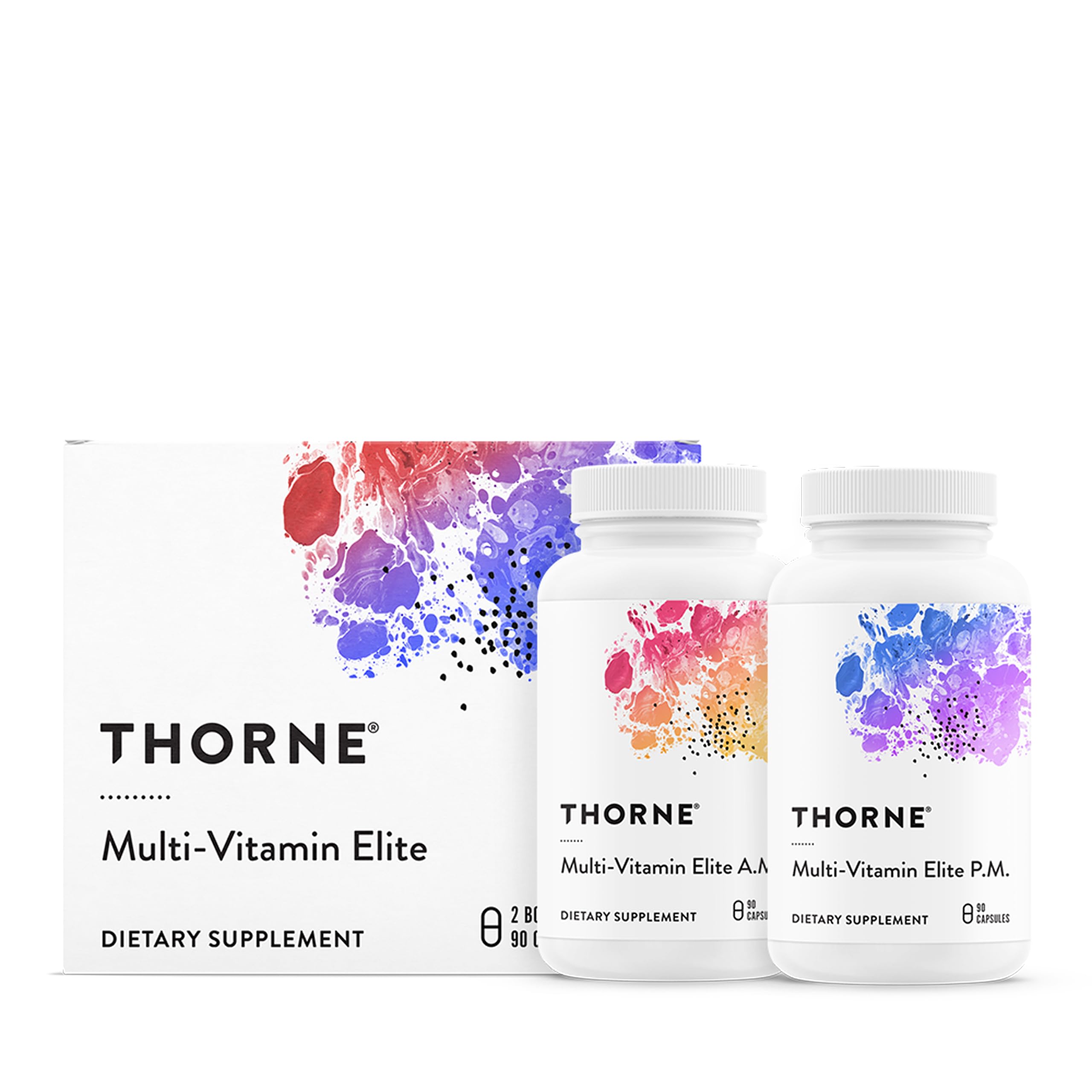 THORNE Multi-Vitamin Elite label close-up showing AM and PM formulas for daily wellness
