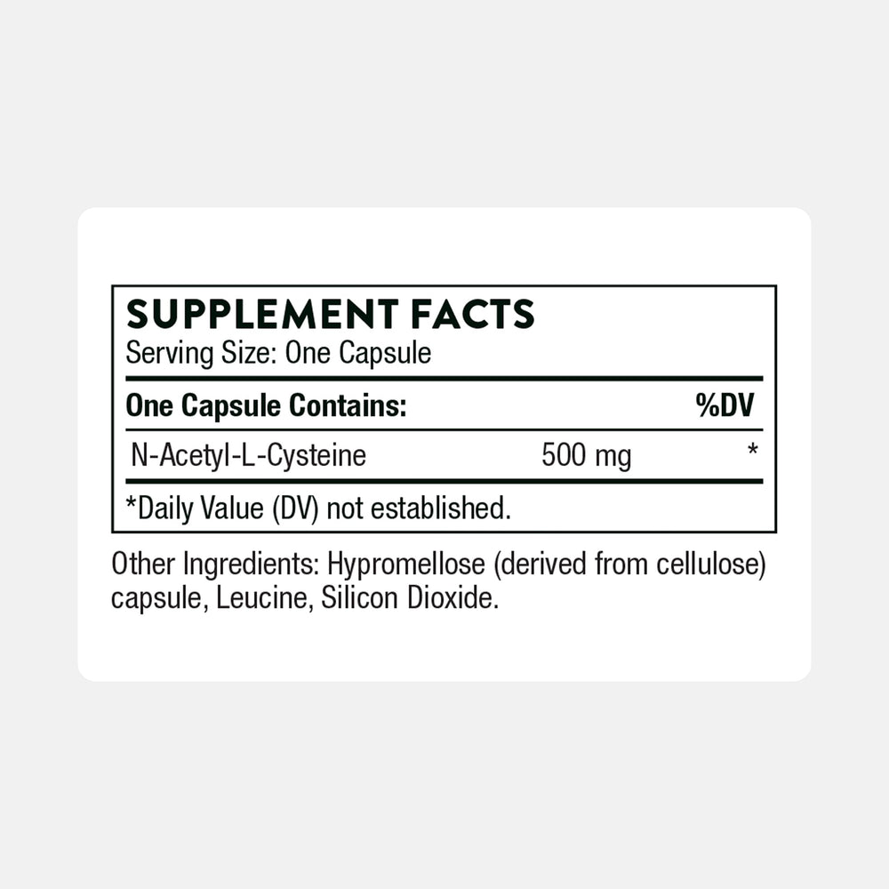 THORNE NAC bottle label detail showing gluten-free and dairy-free formulation.