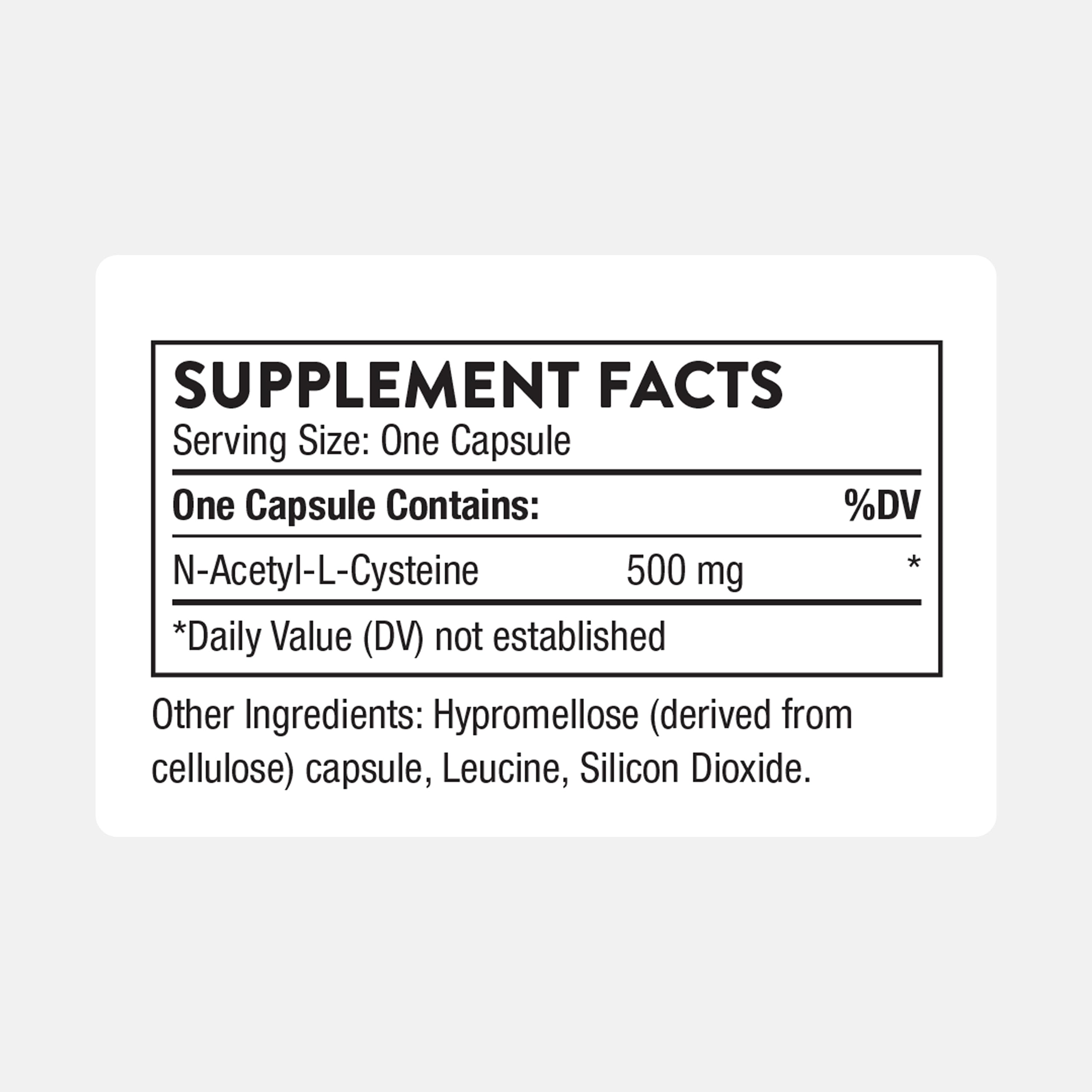 Thorne NAC bottle side label showing ingredients and certification.