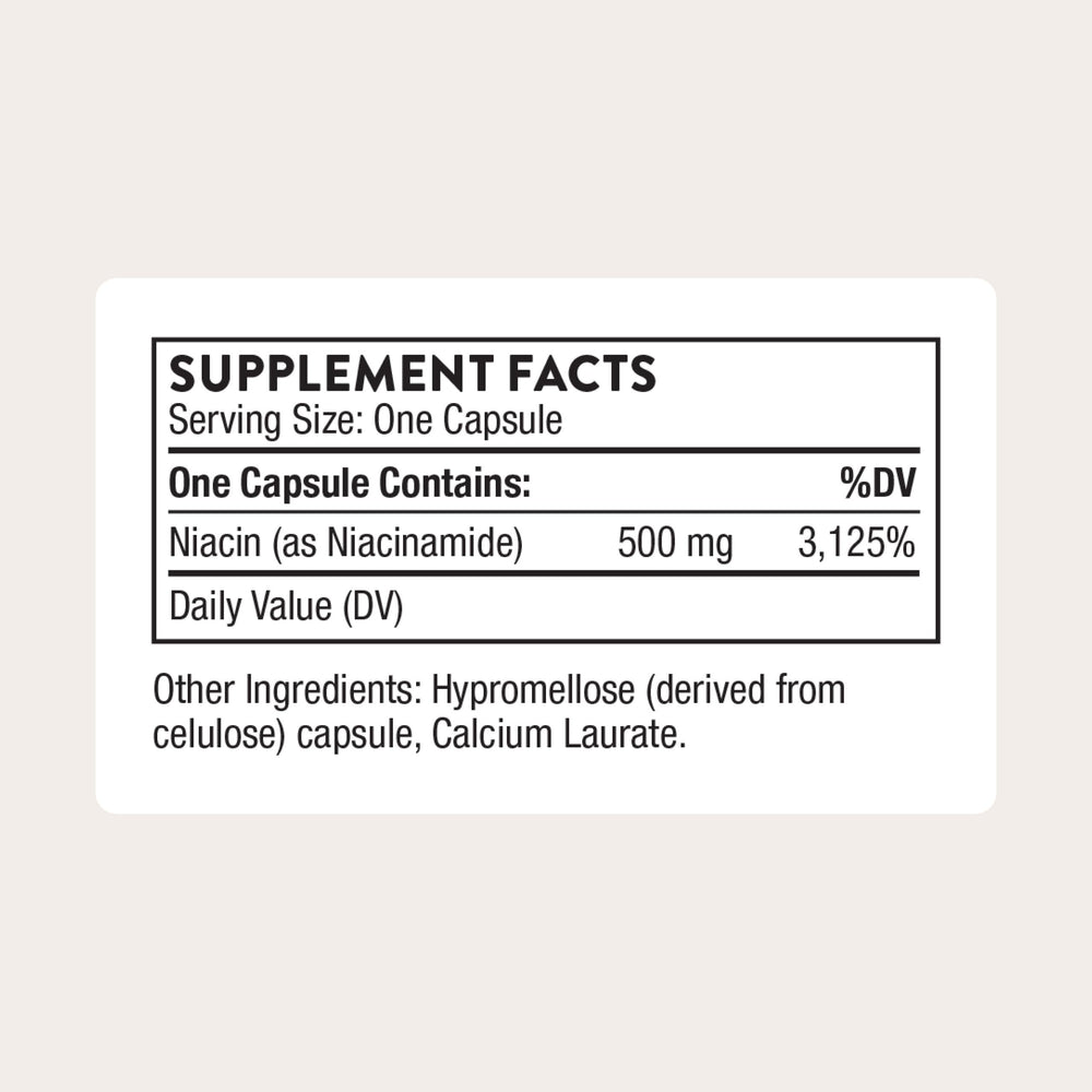 THORNE Niacinamide capsules close-up showing gentle B3 delivery for everyday wellness.