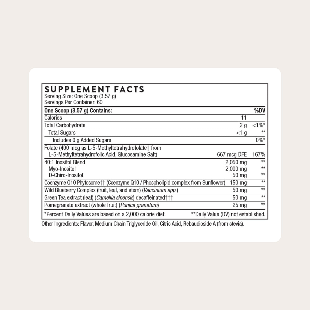 Thorne Ovarian Care inositol 40-1 ratio supports hormone balance.