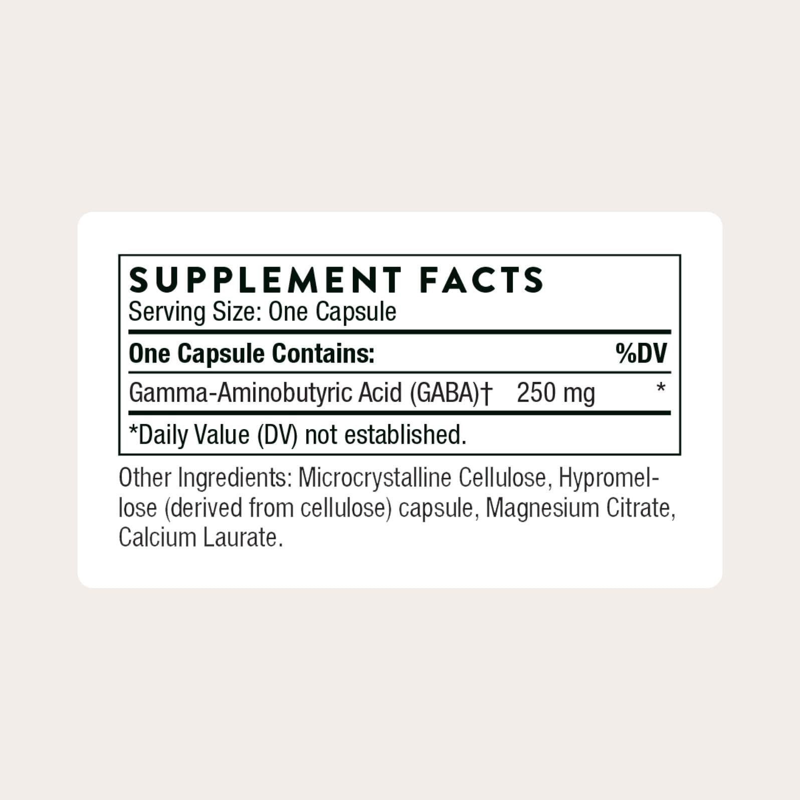 THORNE PharmaGABA-250 bottle back label showing product details.