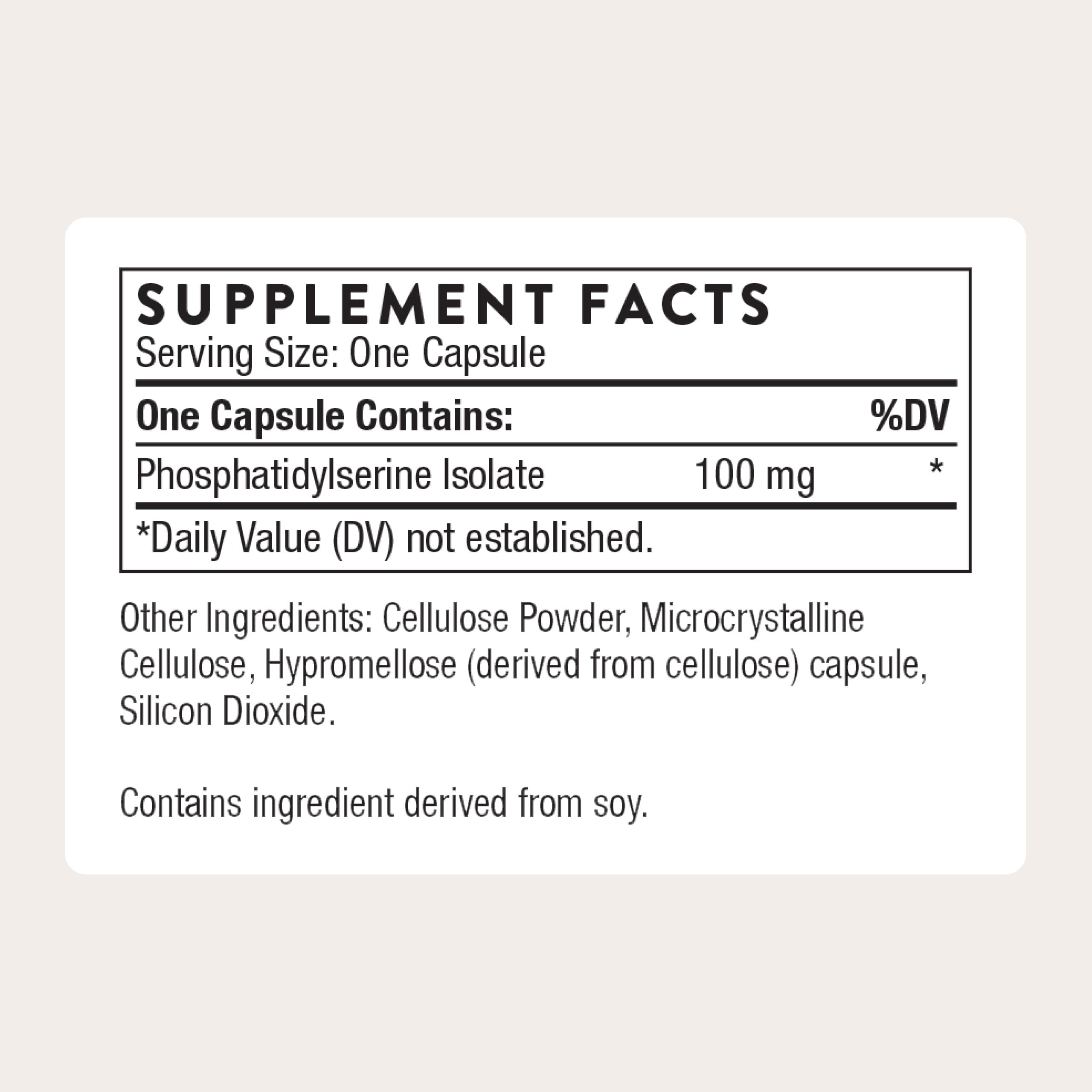 THORNE phosphatidylserine bottle-label close-up highlighting ingredients.