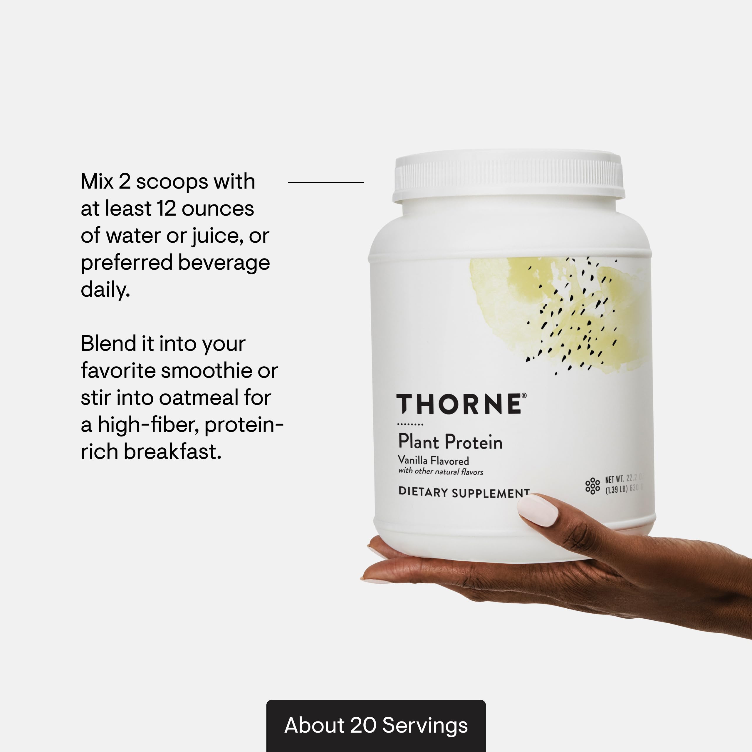 THORNE Plant Protein Vanilla shake glass highlights gluten-free and dairy-free formula.