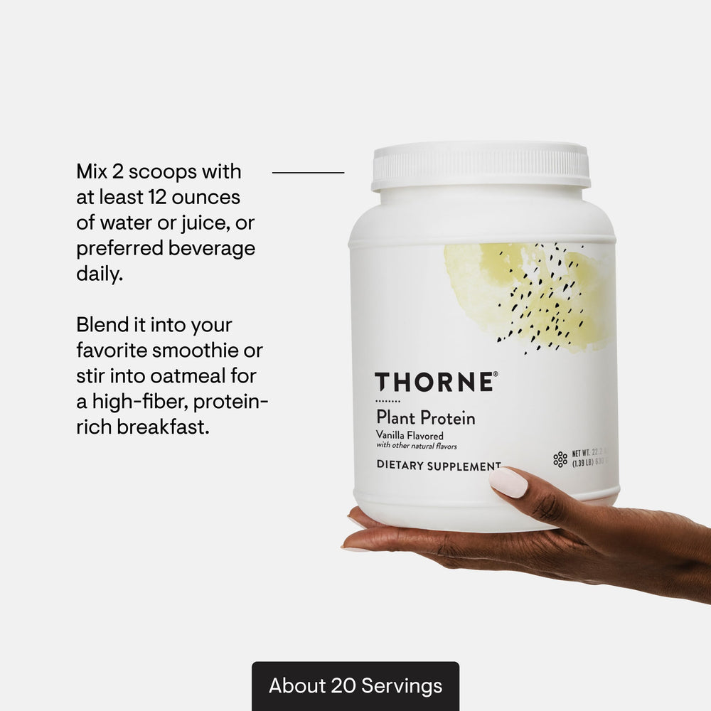 THORNE Plant Protein Vanilla shake glass highlights gluten-free and dairy-free formula.