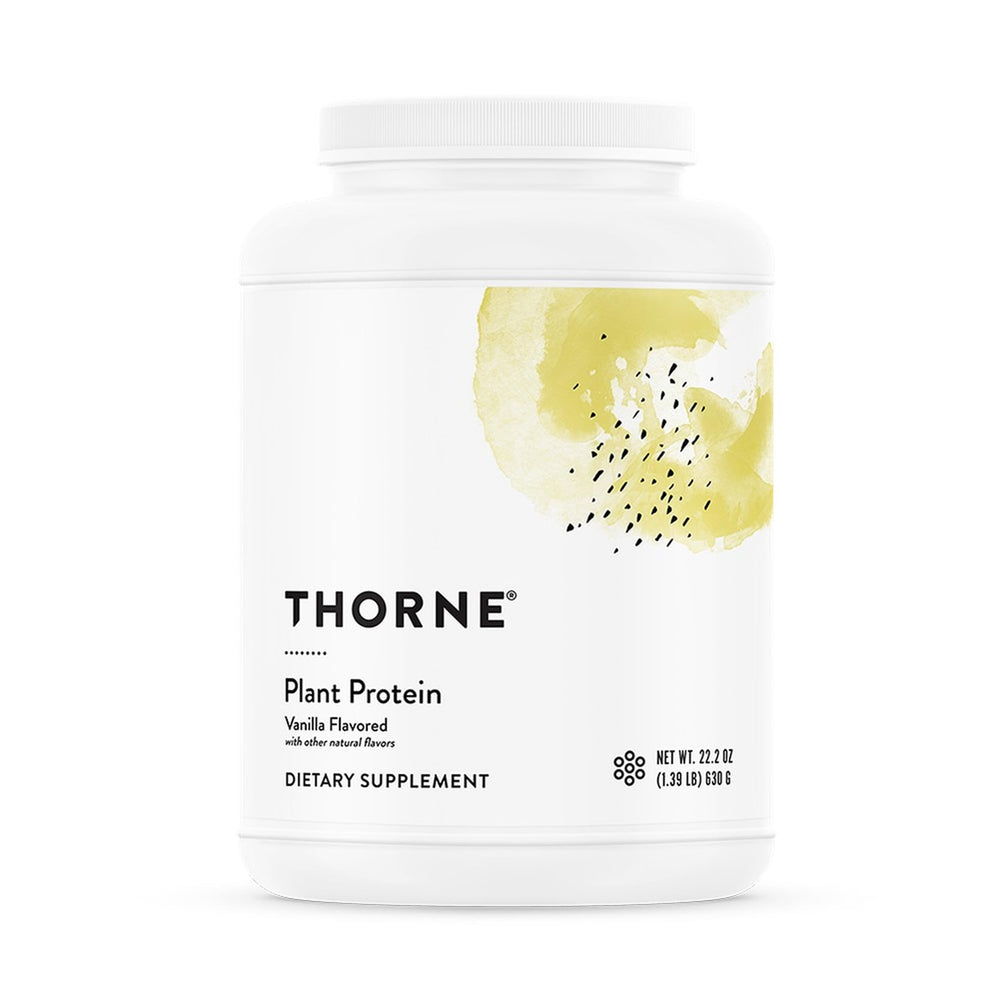 THORNE Plant Protein Vanilla tub shows premium vegan protein with complete amino acids.