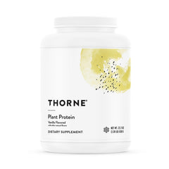 THORNE Plant Protein Vanilla tub shows premium vegan protein with complete amino acids.