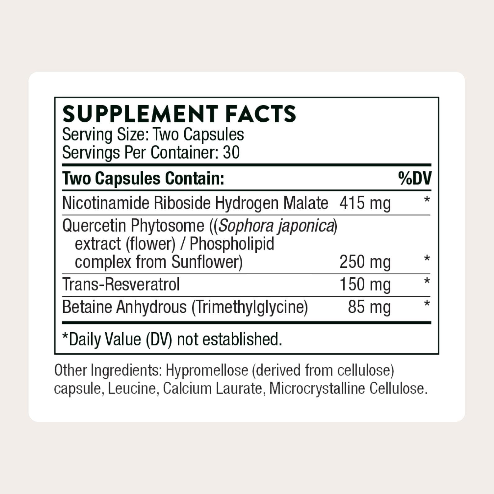 THORNE ResveraCel capsules on white background indicating NR and resveratrol benefits.