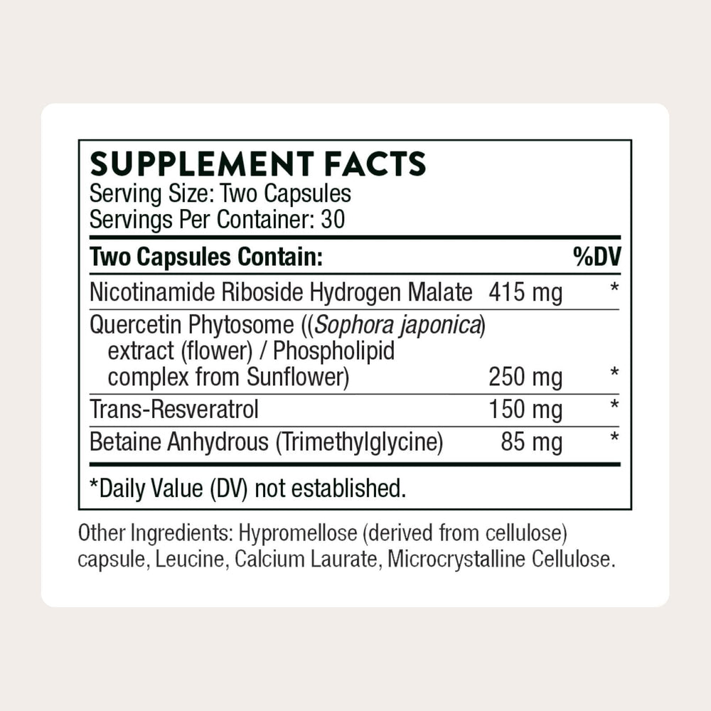 THORNE ResveraCel capsules on white background indicating NR and resveratrol benefits.