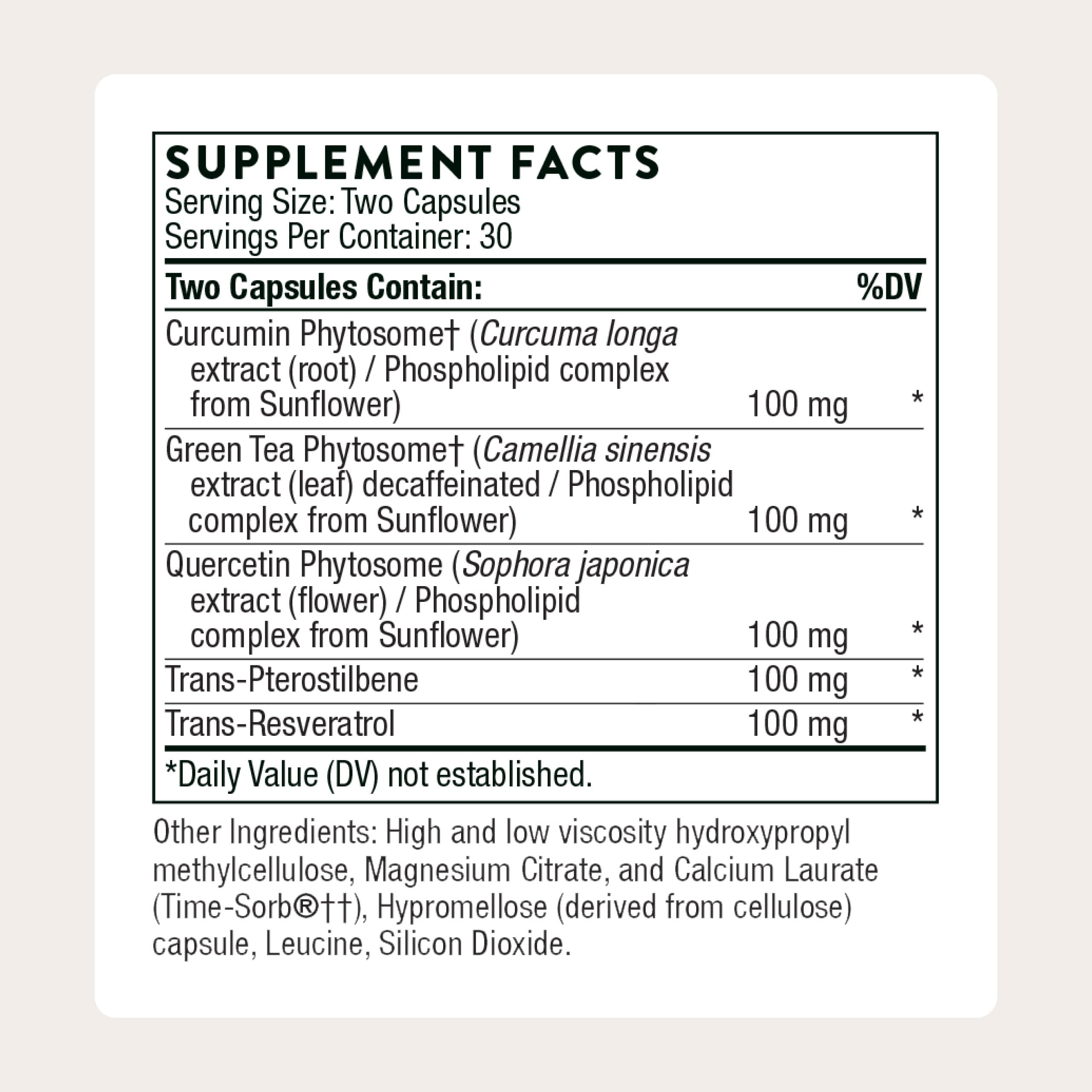 THORNE Resveratrol Complex bottle back displays ingredients and third-party certification