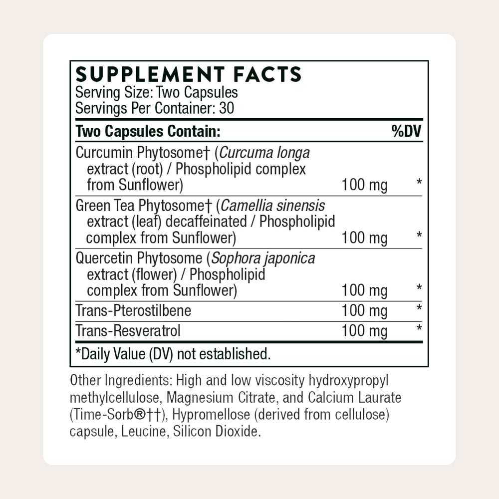 THORNE Resveratrol Complex bottle back displays ingredients and third-party certification