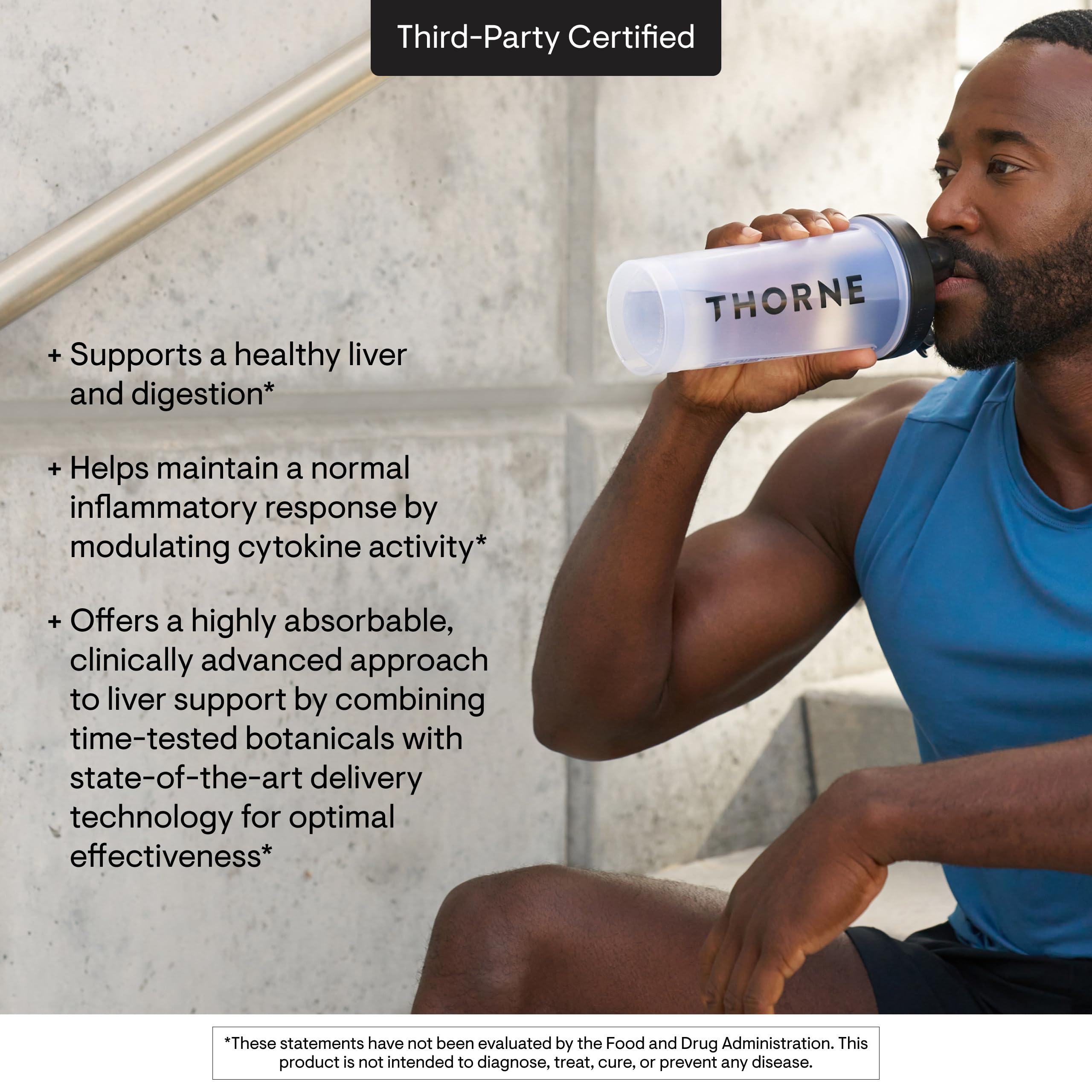 THORNE S.A.T. Liver support bottle shown in lifestyle setting