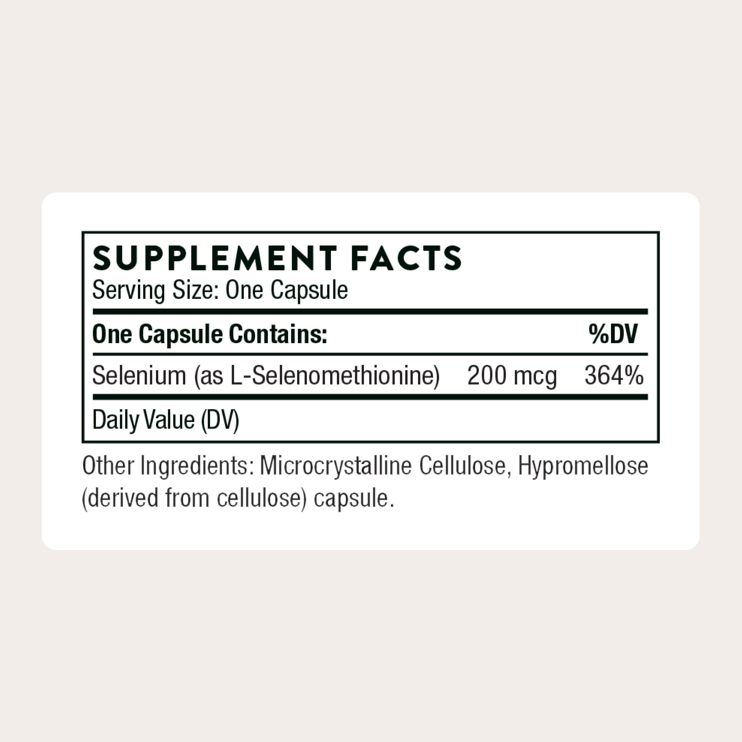 Close-up of Thorne selenium label highlighting thyroid health potential.