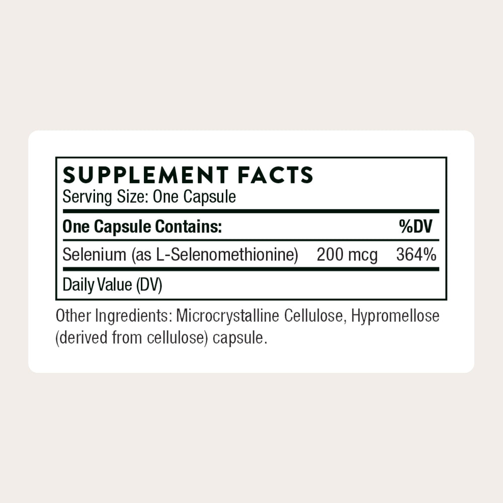 Close-up of Thorne selenium label highlighting thyroid health potential.
