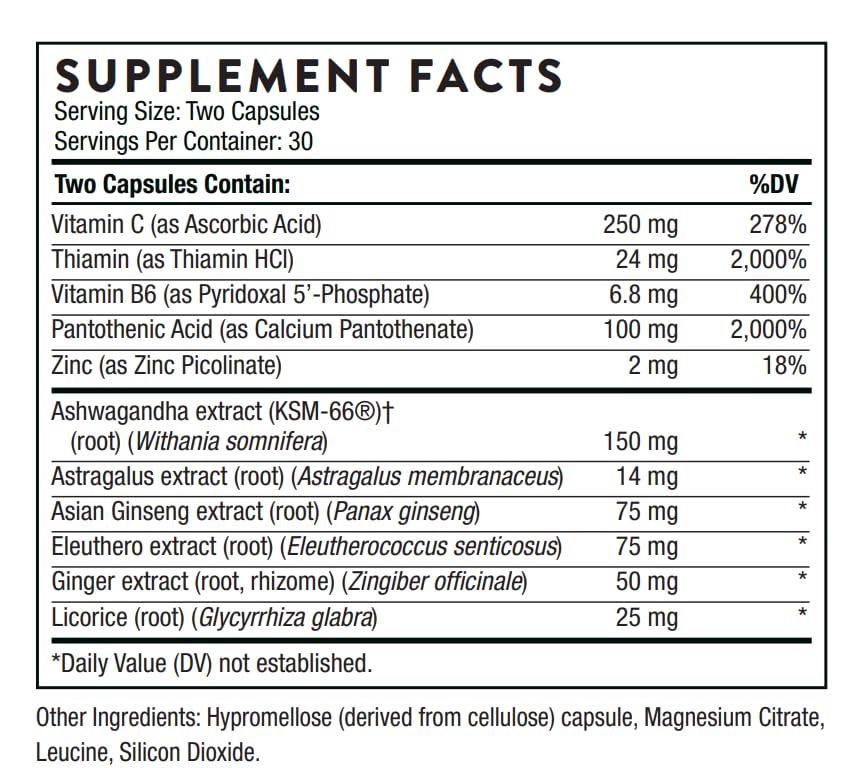 THORNE Stress Balance bottle label highlights gluten-free and dairy-free formula