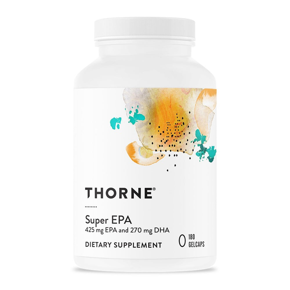 Thorne Super EPA bottle front shows omega-3 formula for brain and cardiovascular support.