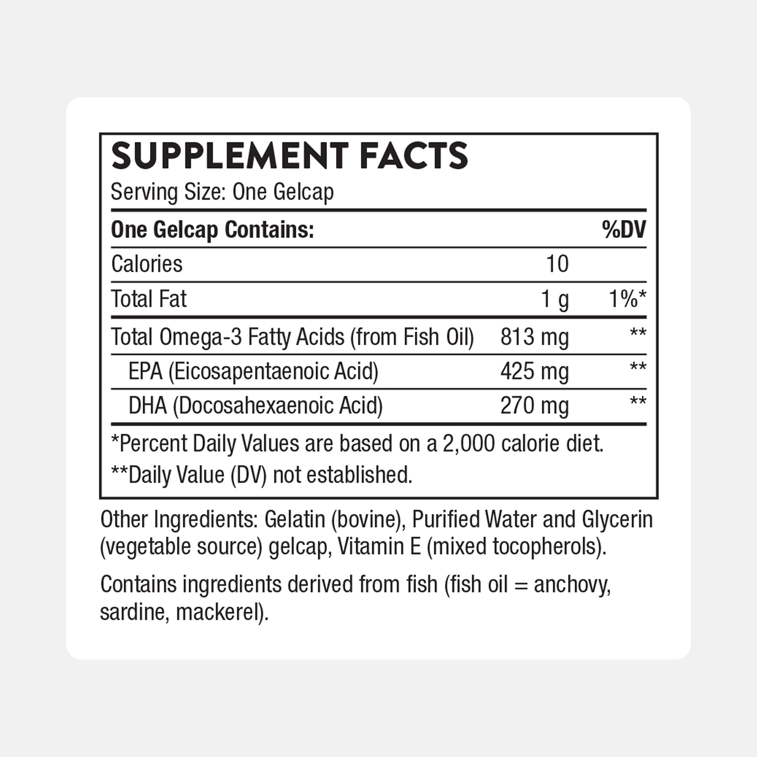 Thorne Super EPA bottle label displays EPA 425 mg and DHA 270 mg per serving.