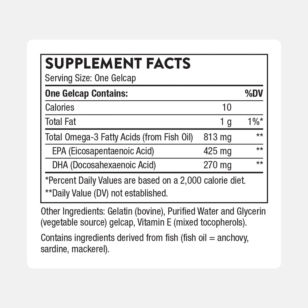 Thorne Super EPA bottle label displays EPA 425 mg and DHA 270 mg per serving.