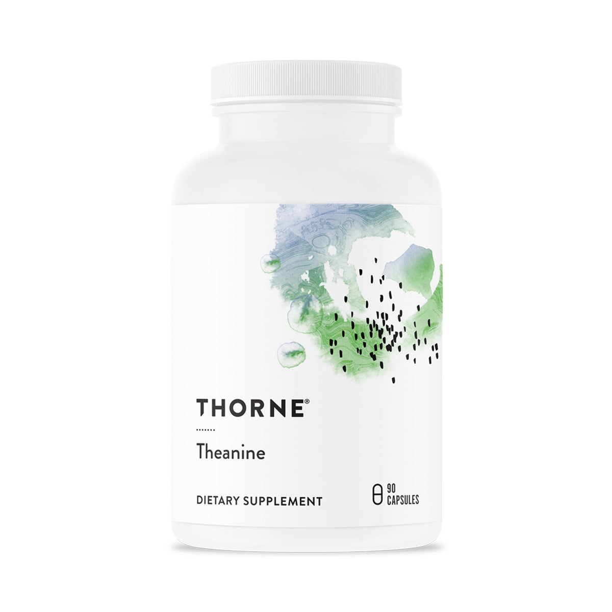 THORNE Theanine bottle label closeup showing 90 capsules for relaxation