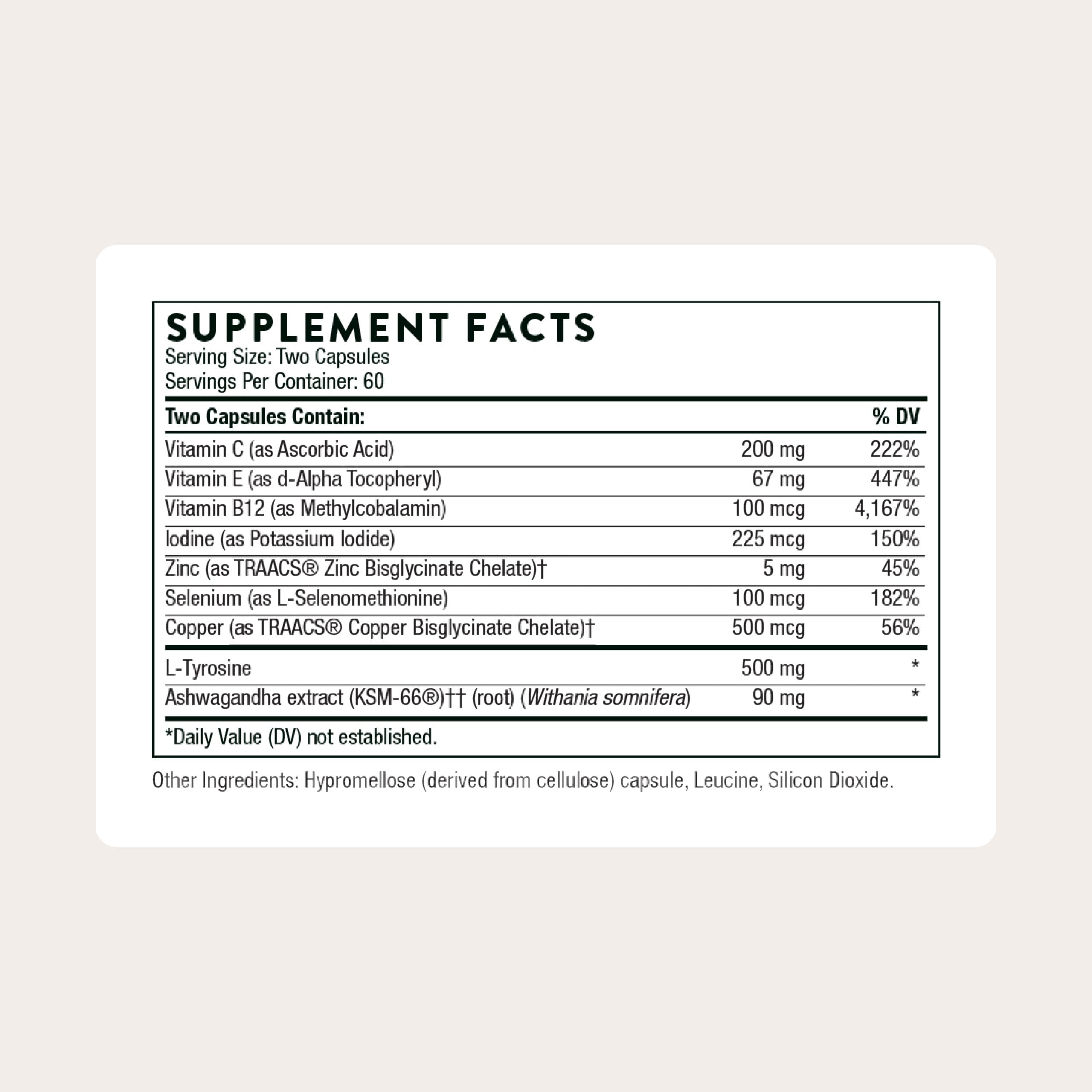 THORNE Thyroid Health Complex capsules arranged for metabolism balance