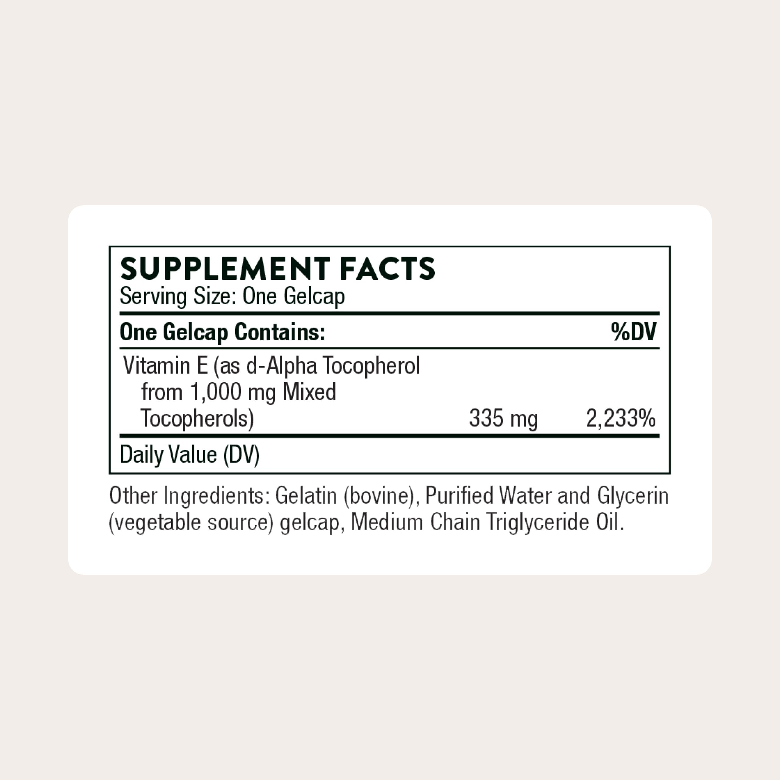 THORNE Ultimate-E purified by molecular distillation, allergen-free formulation.