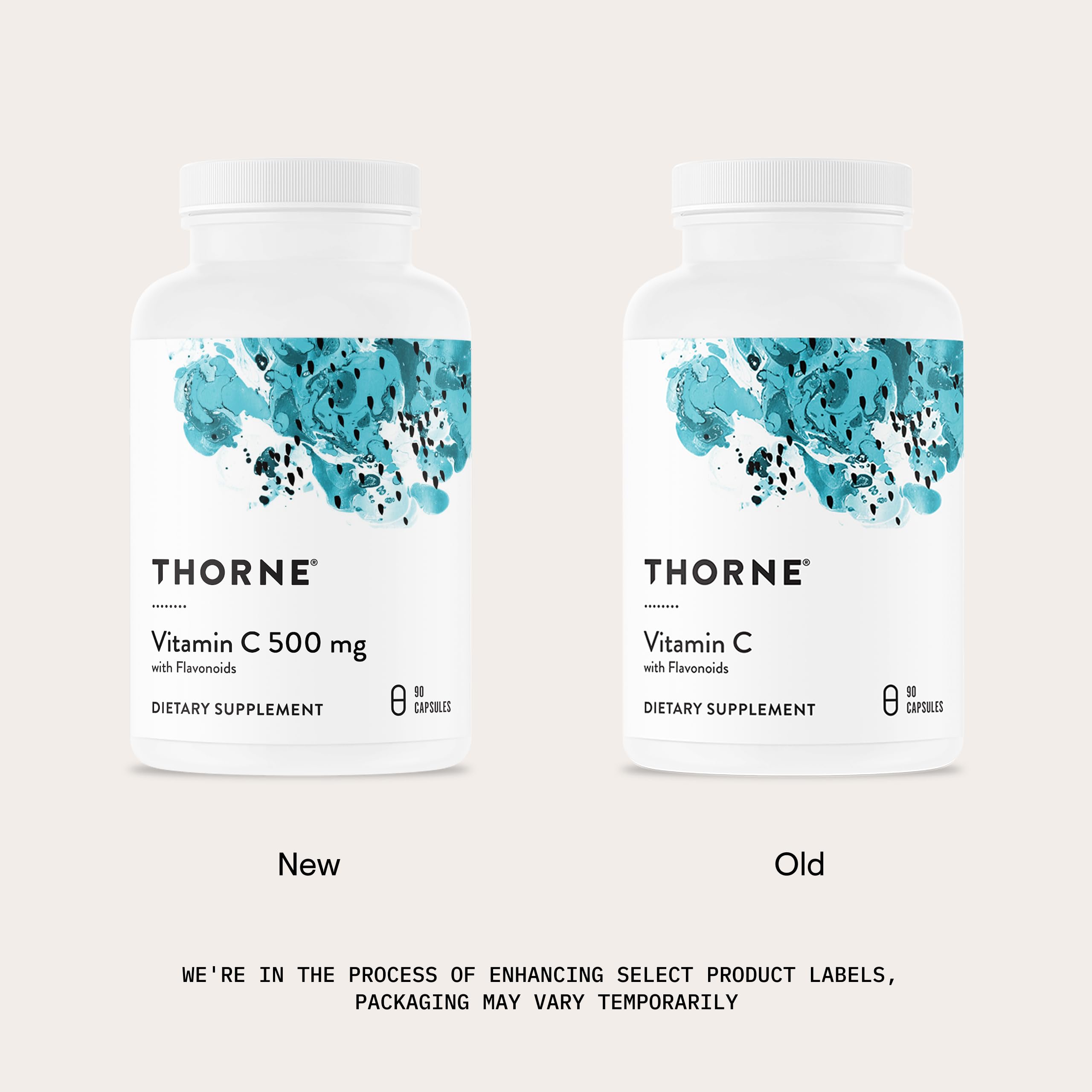Label close-up of THORNE Vitamin C 500 mg with ingredients