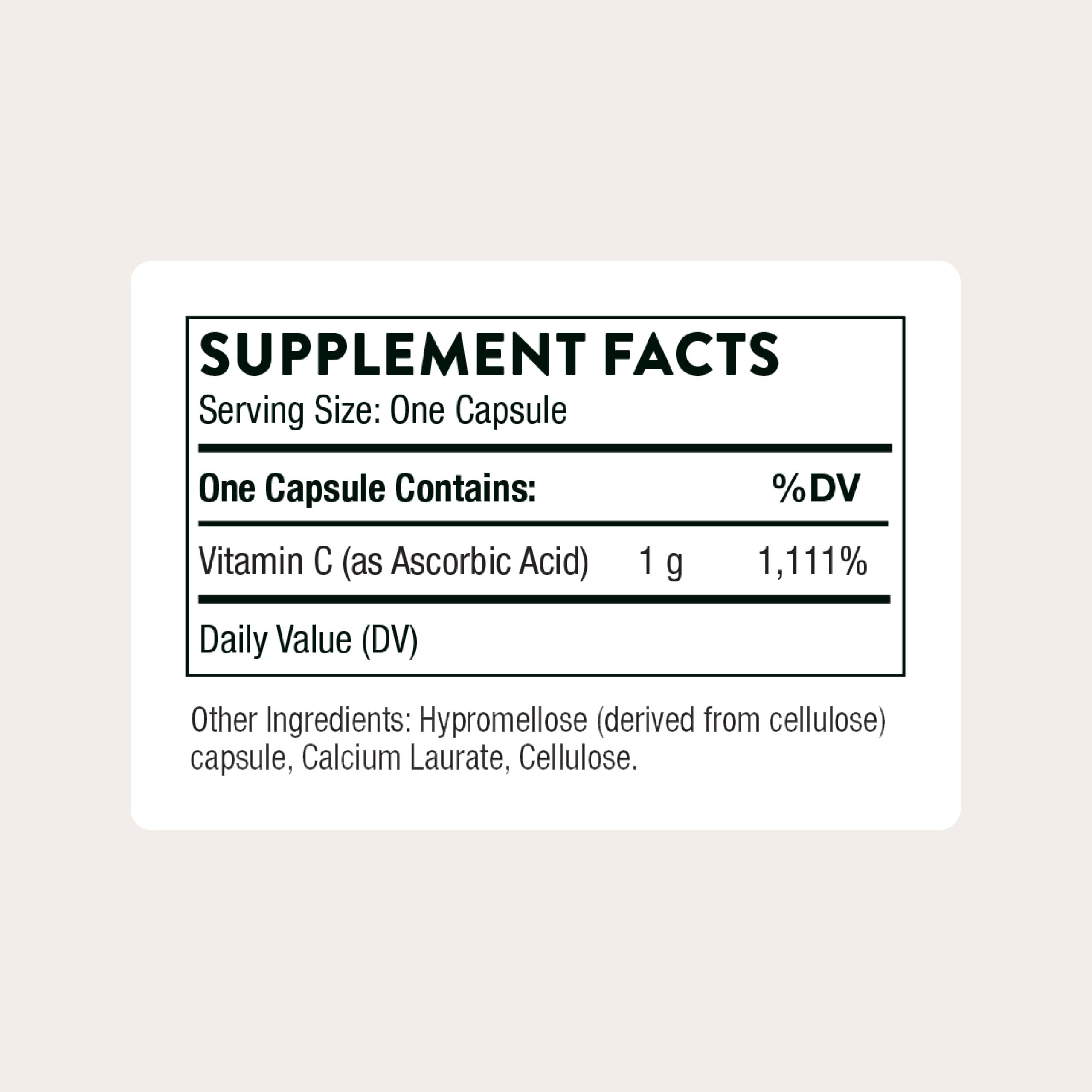 Close-up of Thorne Vitamin C label showing 1000 mg per capsule.